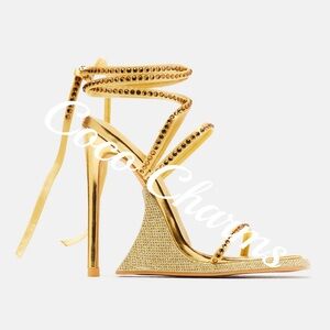 Wrap Up Heel Metallic Gold Trimmed with Rhinestones Square Toe Glitter Detail